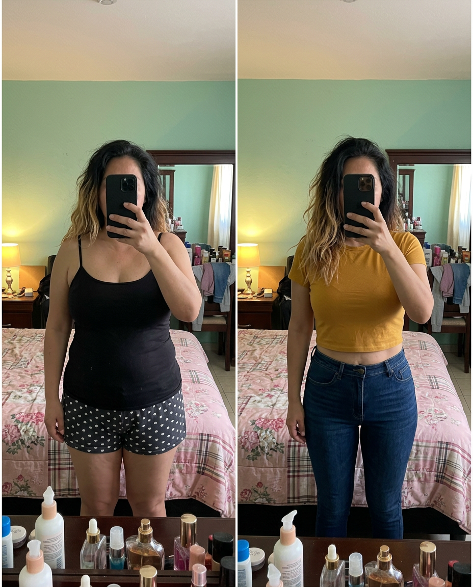 Comparativa de antes y después de alumna con cambio físico visible