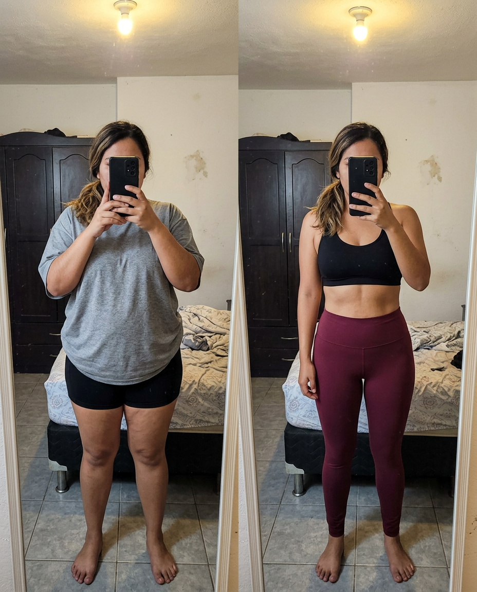 Cambio corporal antes y después de mujer que completó el reto